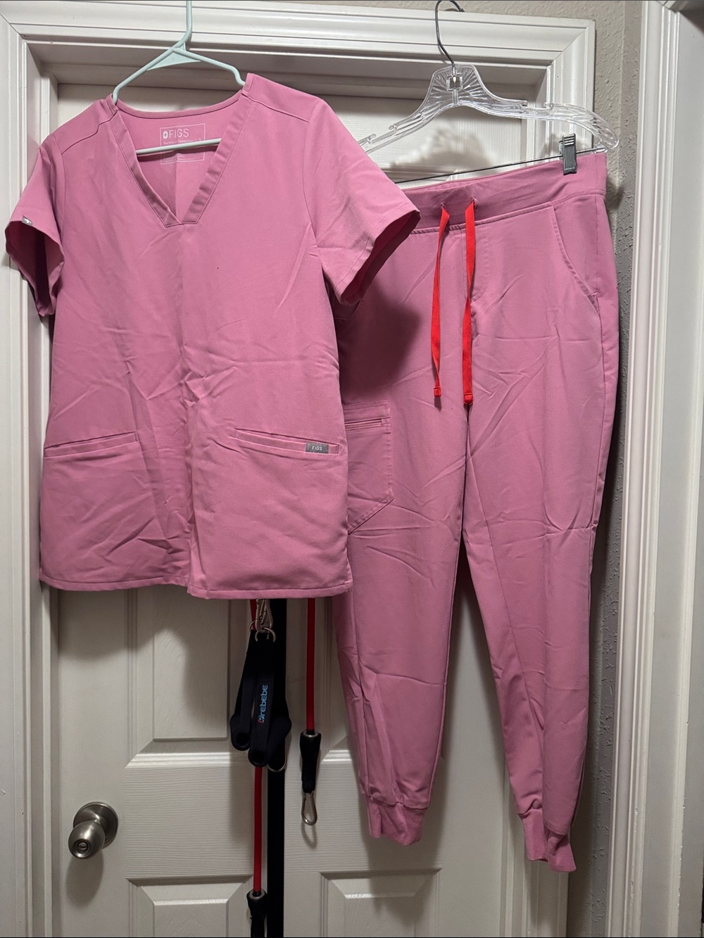 Figs Pink Scrub Top and Jogger Set with Red Drawstring
